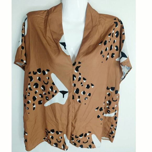 Hutch Women's Leopard Printed V-Neck Short Sleeve Blouse Tops‎ Brown Size XL - Picture 1 of 7